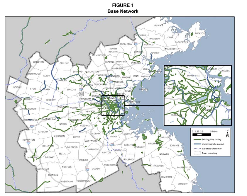 •	Figure 1. Base Network
Figure 1 is a map showing the bicycle facilities within the Boston region and comprises the network which was evaluated in this study.
