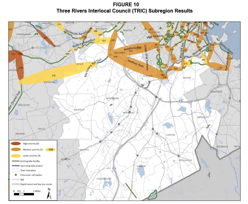 Figure 10. Three Rivers Interlocal Council Subregion Results
Figure 10 is a map showing the base network of the Three Rivers Interlocal Council subregion with the gaps identified. The gaps are depicted as high, medium, and lower priority gaps according to the scores that they were assigned in the evaluation.
