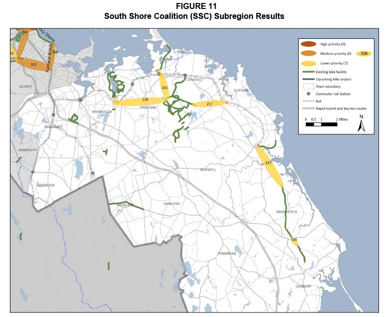 Figure 11. South Shore Coalition Subregion Results
Figure 11 is a map showing the base network of the South Shore Coalition subregion with the gaps identified. The gaps are depicted as high, medium, and lower priority gaps according to the scores that they were assigned in the evaluation.
