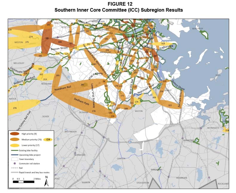 Figure 12. Southern Inner Core Committee Subregion Results
Figure 12 is a map showing the base network of the southern half of the Inner Core Committee subregion with the gaps identified. The gaps are depicted as high, medium, and lower priority gaps according to the scores that they were assigned in the evaluation.
