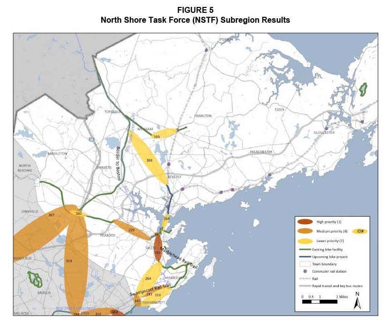 Figure 5. North Shore Task Force Subregion Results
Figure 5 is a map showing the base network of the North Shore Task Force subregion with the gaps identified. The gaps are depicted as high, medium, and lower priority gaps according to the scores that they were assigned in the evaluation.
