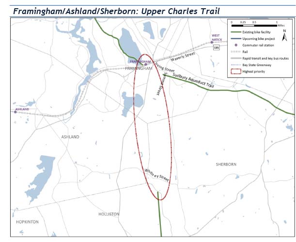 Section 5.1-Framingham/Ashland/Sherborn: Upper Charles Trail
This figure is a map that shows the gap in the Upper Charles Trail in Framingham, Ashland, and Sherborn between the Framingham Commuter Rail station and the existing trail in Holliston.
