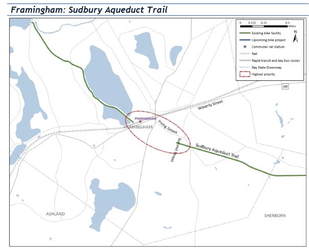 Section 5.2-Framingham: Sudbury Aqueduct Trail
This figure is a map that shows the gap in the Sudbury Aqueduct Trail between Framingham Commuter Rail station and existing trail at Summit Street. 
