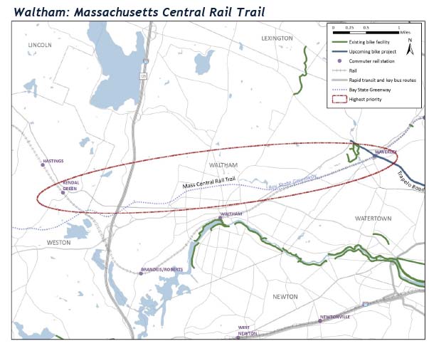 Section 5.1-Waltham: Massachusetts Central Rail Trail
This figure is a map that shows the gap in the Mass Central Rail Trail in Waltham between the Trapelo Road in Belmont and the Kendall Green Commuter Rail station in Weston.
