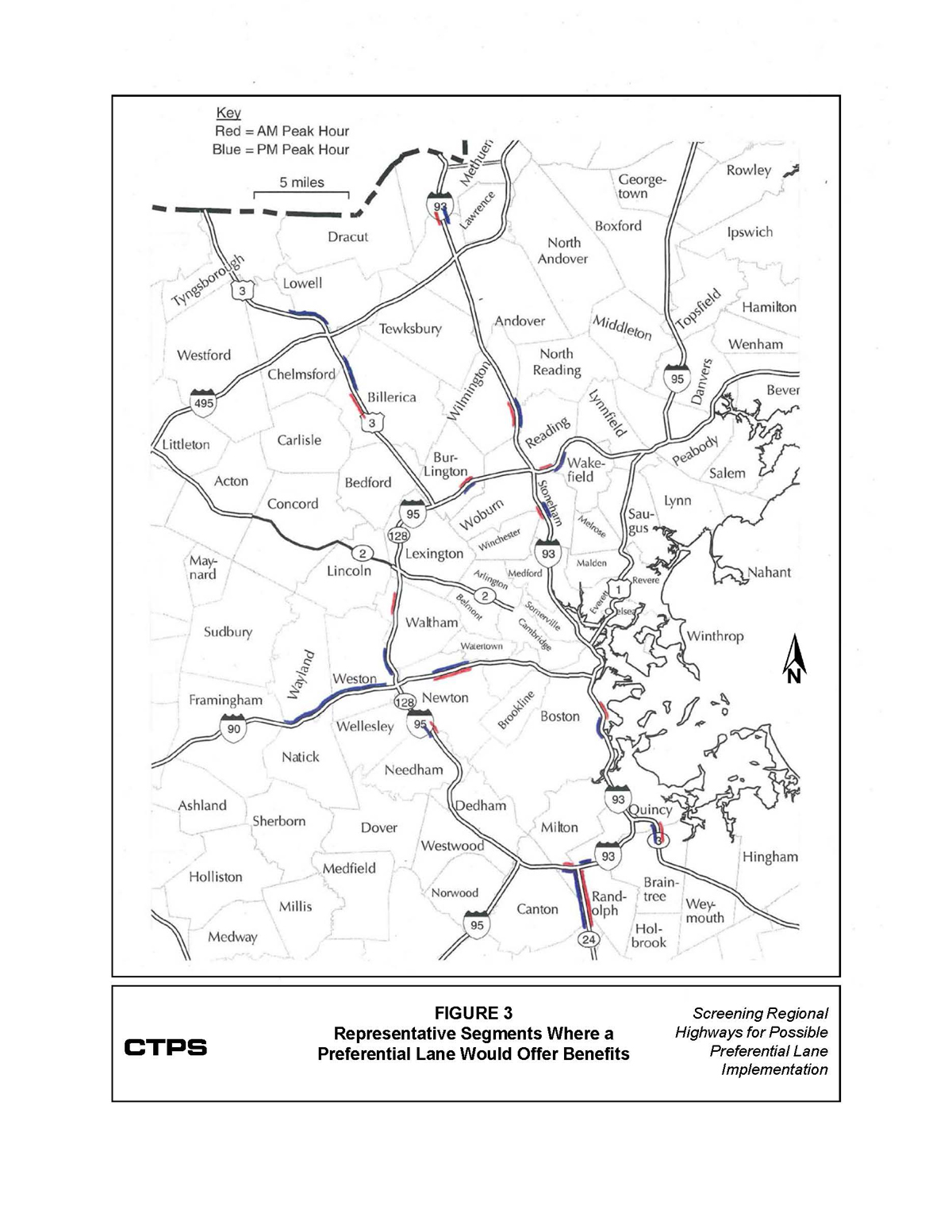 Figure 3 is a map of a portion of eastern Massachusetts extending from New Hampshire to Randolph, south of Boston. All express highways where a preferential lane was calculated to offer user benefits are located within this portion of eastern Massachusetts. The candidate congested segments are highlighted.