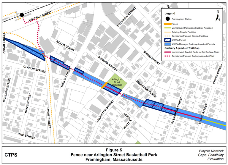 Figure 5  Map illustrating where a fence is located near the Arlington Street Basketball Park, atop the Sudbury Aqueduct and blocking the proposed route of the aqueduct trail for bicyclists and pedestrians.