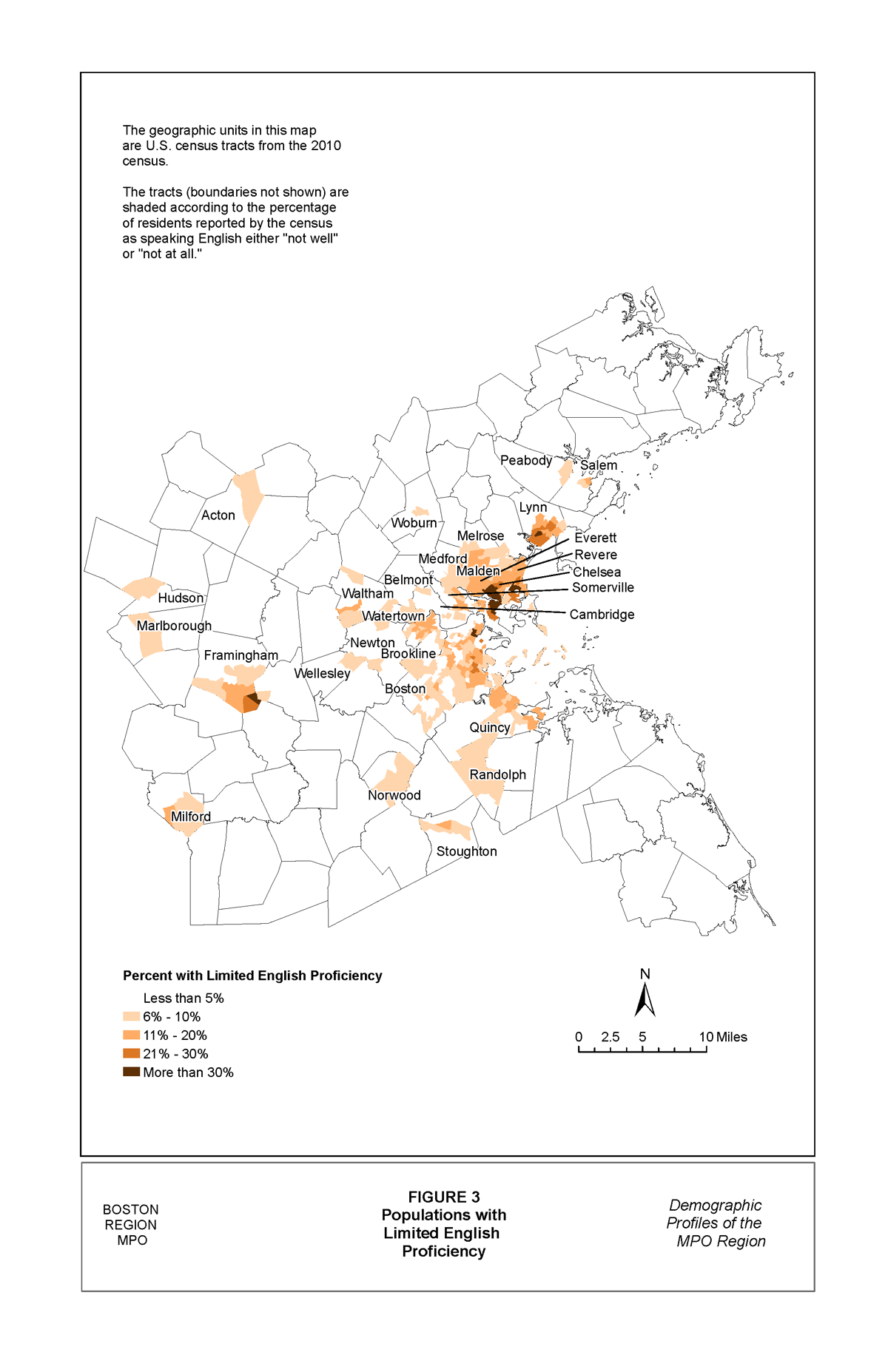 Figure 3 shows U.S. census tracts from the 2010 census. The tracts are shaded according to the percentage of residents reported by the census as speaking English either "not well" or "not at all."
