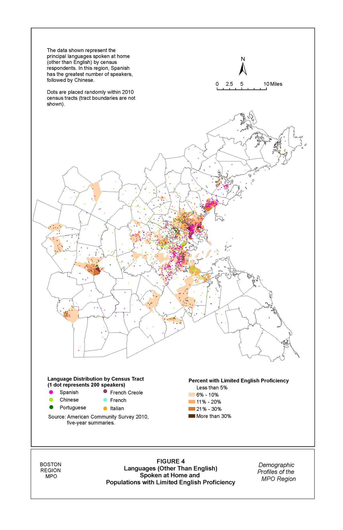 Figure 4 is a map that shows areas where languages other than English are spoken at home, superimposed over the limited-English-proficiency map.