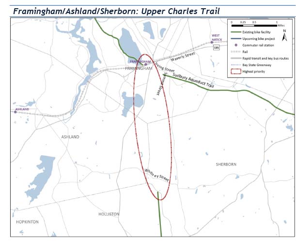 Section 5.1-Framingham/Ashland/Sherborn: Upper Charles Trail
This figure is a map that shows the gap in the Upper Charles Trail in Framingham, Ashland, and Sherborn between the Framingham Commuter Rail station and the existing trail in Holliston.
