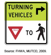 This figure is a picture of the sign that would indicate to drivers who are planning to turn right that they must yield to pedestrians.

