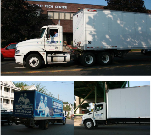 FIGURE 3.  Box-type Trucks (Unrefrigerated): Semi-trailer and Single-unit Trucks
Figure 3 is a group of three photos of trucks. The largest photo shows a box-type semi-trailer being pulled by a tractor unit, and two smaller photos show two single-unit box trucks on study area streets.
