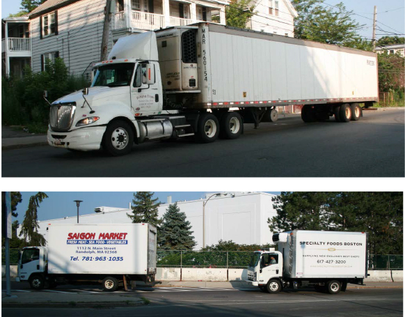 FIGURE 4. Refrigerated Trucks: Semi-trailer and Single-unit Trucks
Figure 4 is a group of two photos of trucks. The larger photo shows a refrigerated semi-trailer being pulled by a tractor unit. A second photo shows two single-unit refrigerated trucks on study area streets.
