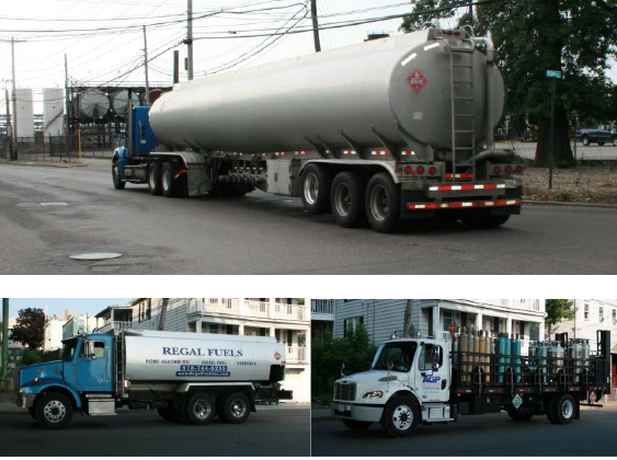FIGURE 5. Hazardous Cargoes: Semi-Trailer and Single-Unit Trucks
Figure 5 is a group of three photos of trucks. The largest photo shows a tanker semi-trailer being pulled by a tractor unit. A second, smaller photo shows a single-unit tank truck and a third shows a truck carrying flammable gases on study area streets.
