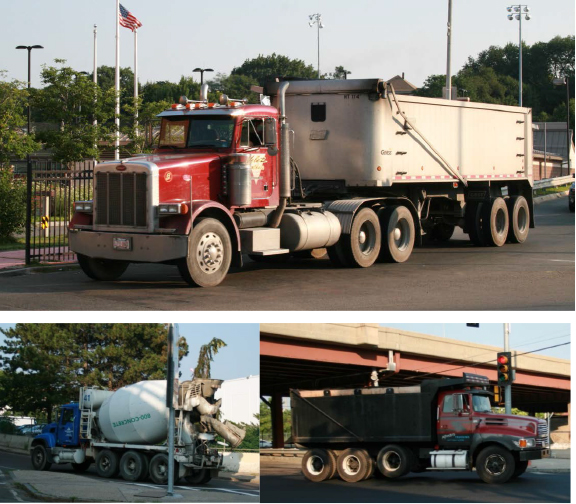 FIGURE 6. Other Truck Configurations: Semi-trailer and Single-unit Trucks
Figure 6 is a group of three photos of trucks. The largest photo shows an open-hopper semi-trailer being pulled by a tractor unit. One smaller photo shows a single-unit cement truck and the other shows a single-unit dump truck on study area streets.
