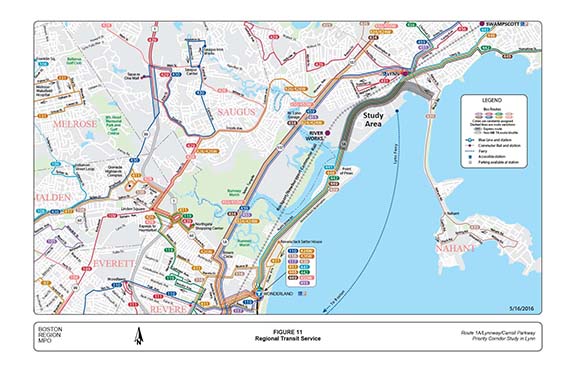 FIGURE 11. Computer-drawn map showing the regional transit services in and nearby the study area
