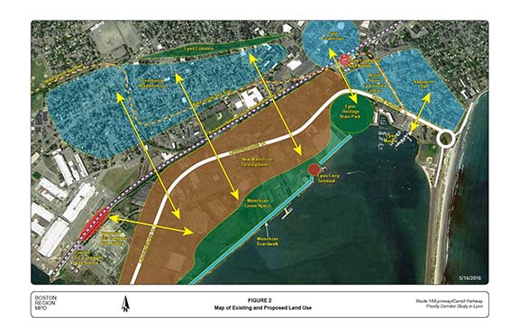 FIGURE 2. Computer-drawn map showing the existing and proposed land uses surrounding the Lynnway and Carroll Parkway, including the Lynn downtown area and surrounding neighborhoods, transportation centers and terminals, and the waterfront developments.
