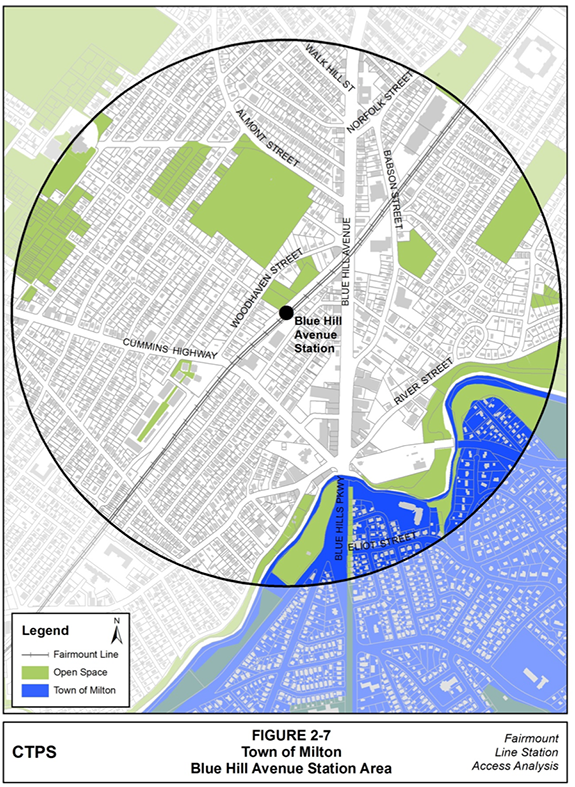 Figure 2-7, Town of Milton—Blue Hill Avenue Station Area: Figure 2-7 (portrait orientation) presents a map that highlights which portion of the Blue Hill Avenue station area is located in the town of Milton.