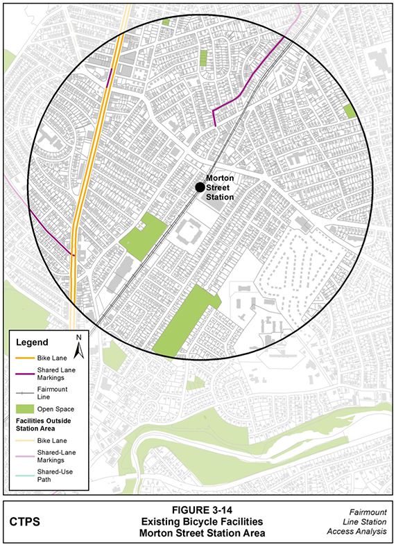 Figure 3-14, Existing Bicycle Facilities—Morton Street Station Area: Figure 3-14 (portrait orientation) presents the existing bicycle facilities in the Morton Street station area as documented in the Boston Bike Network Plan.