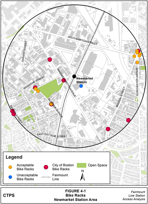 Figure 4-1, Bike Racks—Newmarket Station Area: Figure 4-1 (portrait orientation) presents a map of the bike racks in the Newmarket station area, identified as either acceptable or unacceptable by APBP standards. The map also shows where bike racks have been installed by the City of Boston in the station area.