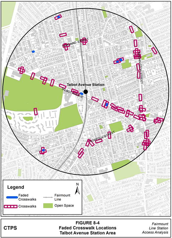 Figure 8-4, Faded Crosswalk Locations—Talbot Avenue Station Area: Figure 8-4 (portrait orientation) presents a map of the locations where MPO staff observed faded crosswalk markings when conducting field work in the Talbot Avenue station area.