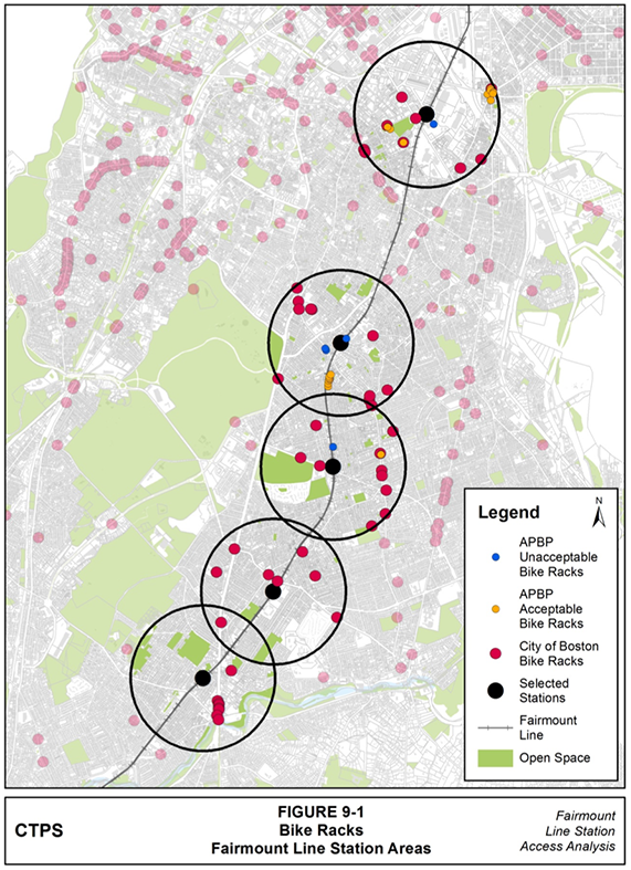 Figure 9-1, Bike Racks—Fairmount Line Station Areas: Figure 9-1 (portrait orientation) presents a map of the selected Fairmount Line station areas that illustrates where MPO staff observed bike racks while conducting field work. The map also presents the locations of the bike racks installed by the City of Boston within the selected station areas.