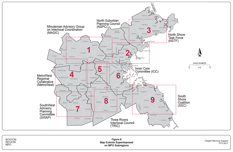 This figure is a map of the Boston MPO region showing its eight subregions. Nine numbered rectangles are superimposed on this map indicating the geographic extent of the nine maps included in this section. 