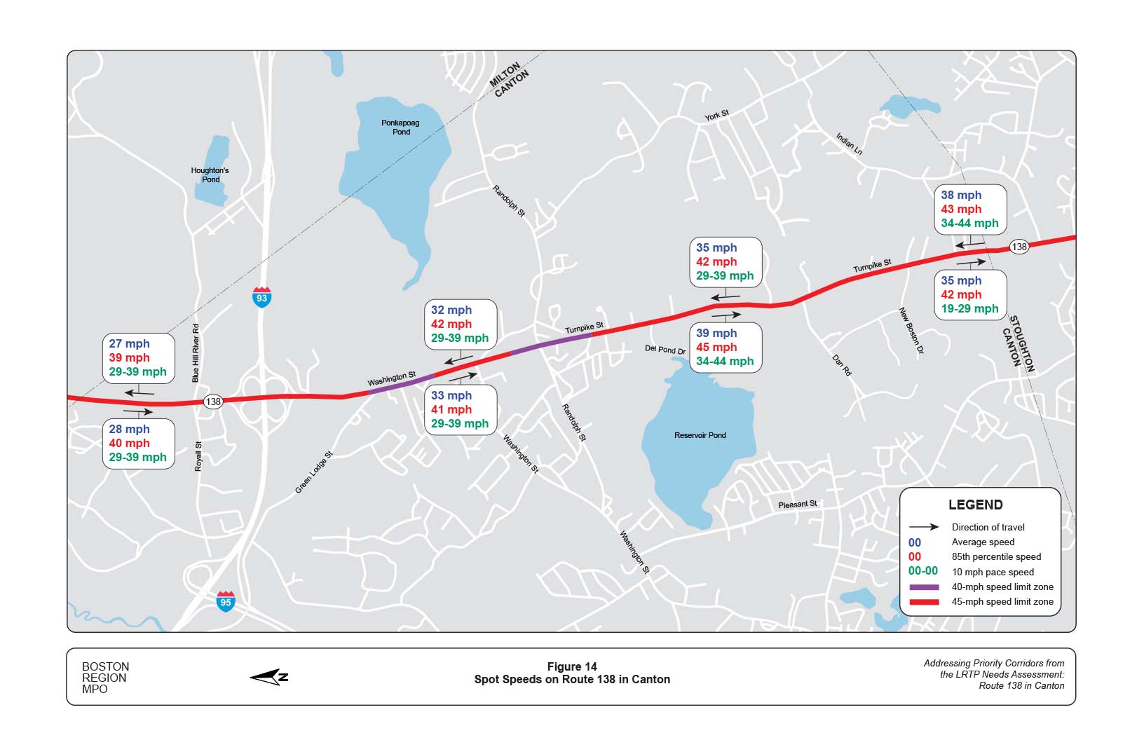 Figure 14 is a map of the study area showing spot speeds on Route 138.