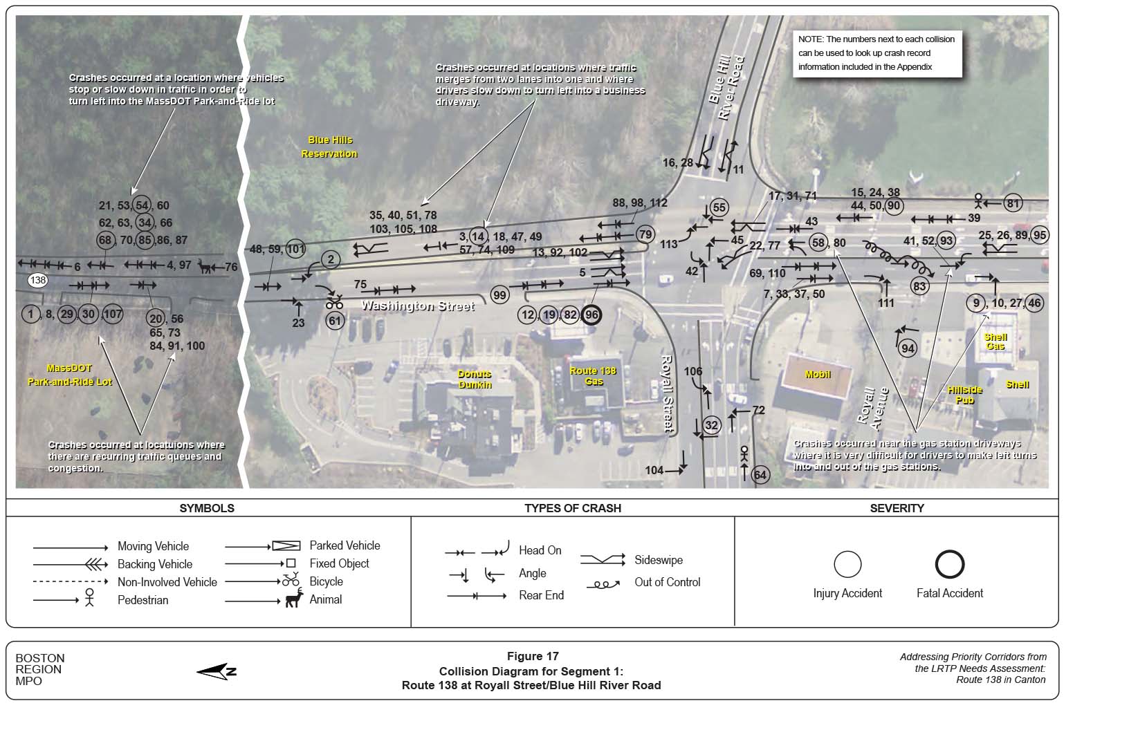 Figure 17 is a collision diagram for a part of Segment 1, which is the intersection of Route 138 at Royall Street and Blue Hill River Road.