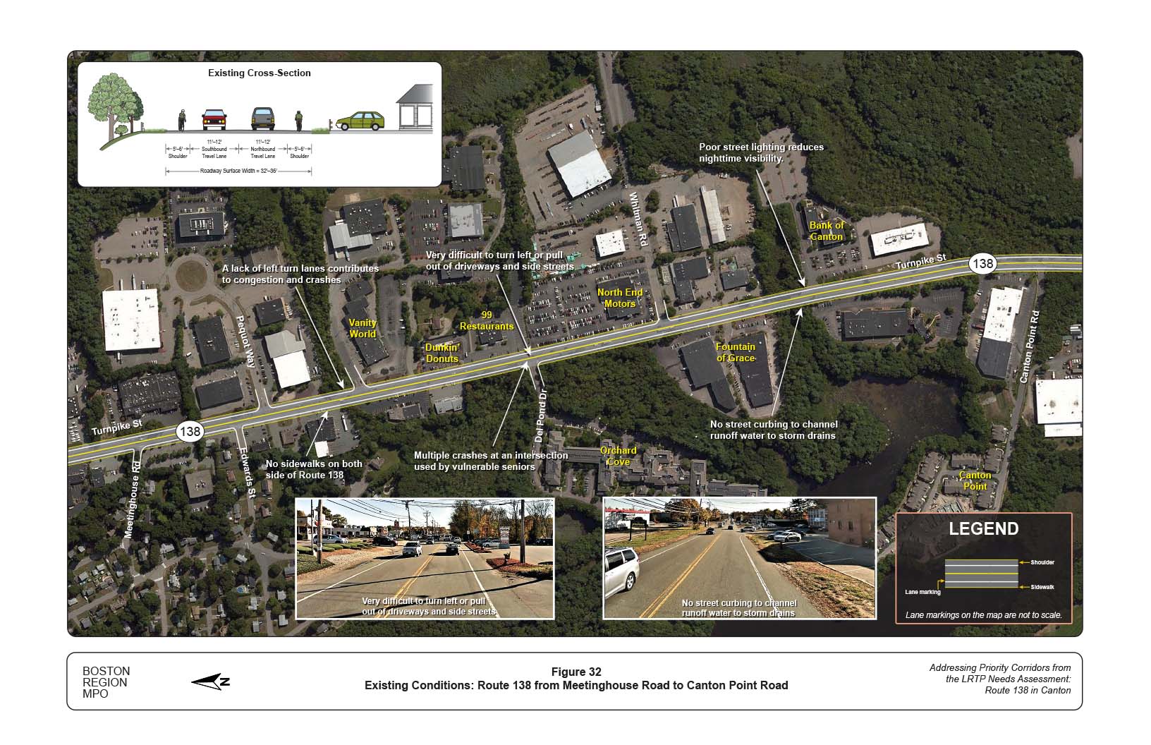 Figure 32 is map of Route 138 from Meetinghouse Road to Canton Point Road with overlays showing the locations of existing problems on the roadway and a graphic of the current cross section of the roadway.