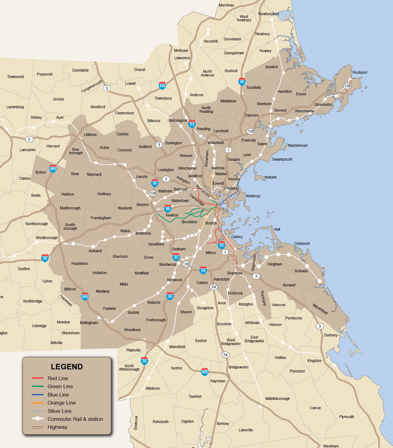Figure 2-11 is a map showing the Boston Region MPO area by municipality, rapid transit lines, commuter rail lines and stations, and highways.