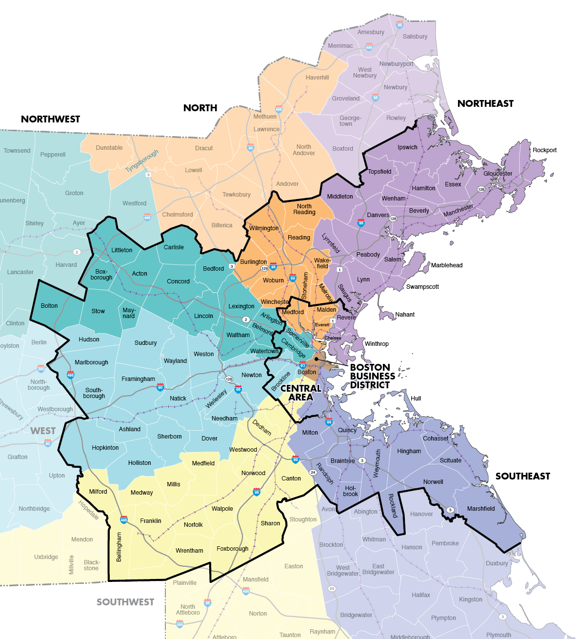 Figure 3-1 is a map of the six radial corridors with the municipalities in the Boston Region MPO Area in darker shading and the adjoining municipalities in the lighter shading of their associated sectors. Figure 3-1 also displays highways and rail lines in the radial corridors as well as the boundary for the Central Area and point for the Boston Business District.