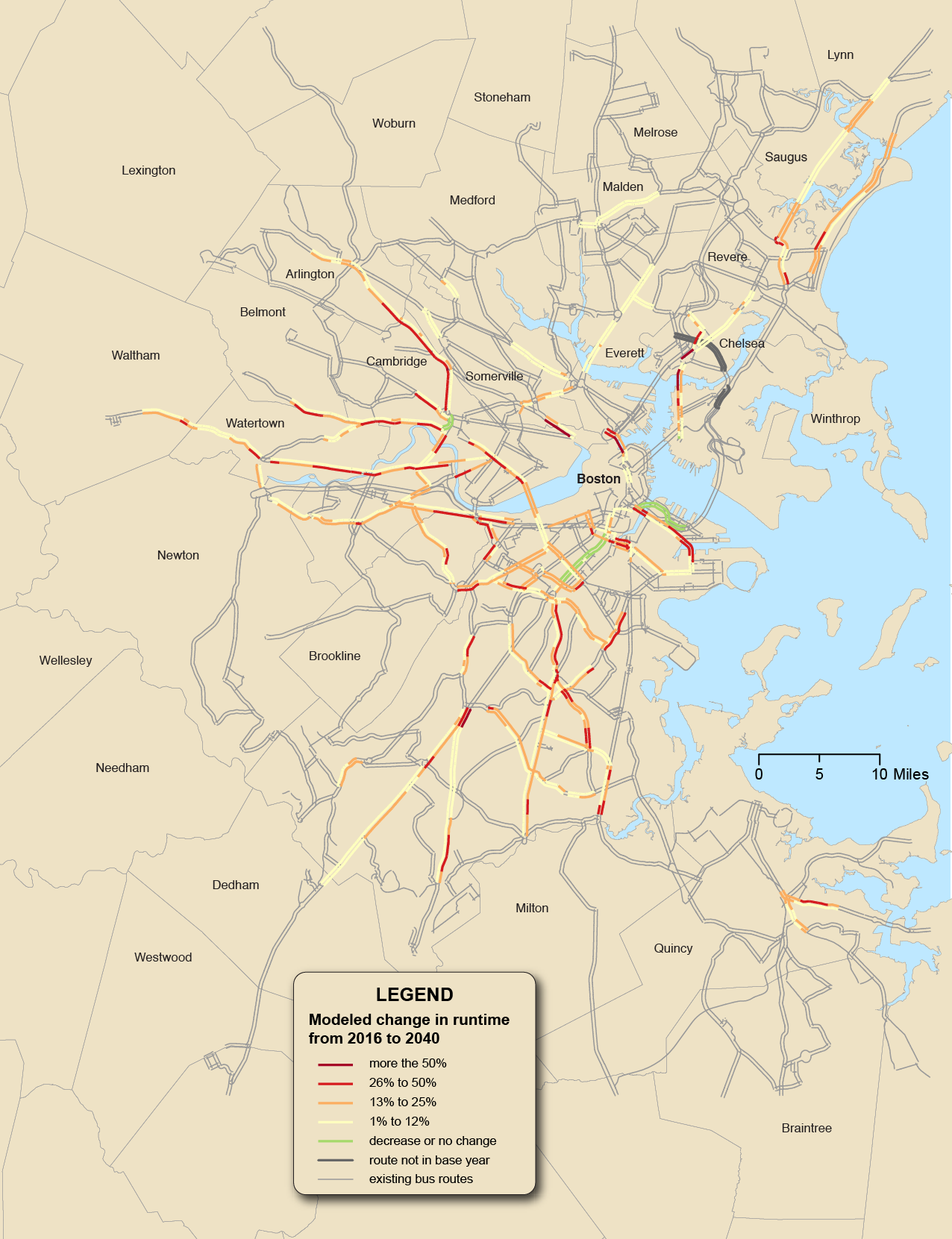 Figure 6-17 is a map of the Boston Region and Priority Bus Corridors with Modeled Change in Bus Run Times from 2016-2040 shown in different shades along the corridor. Figure 6-17 also shows existing bus routes.