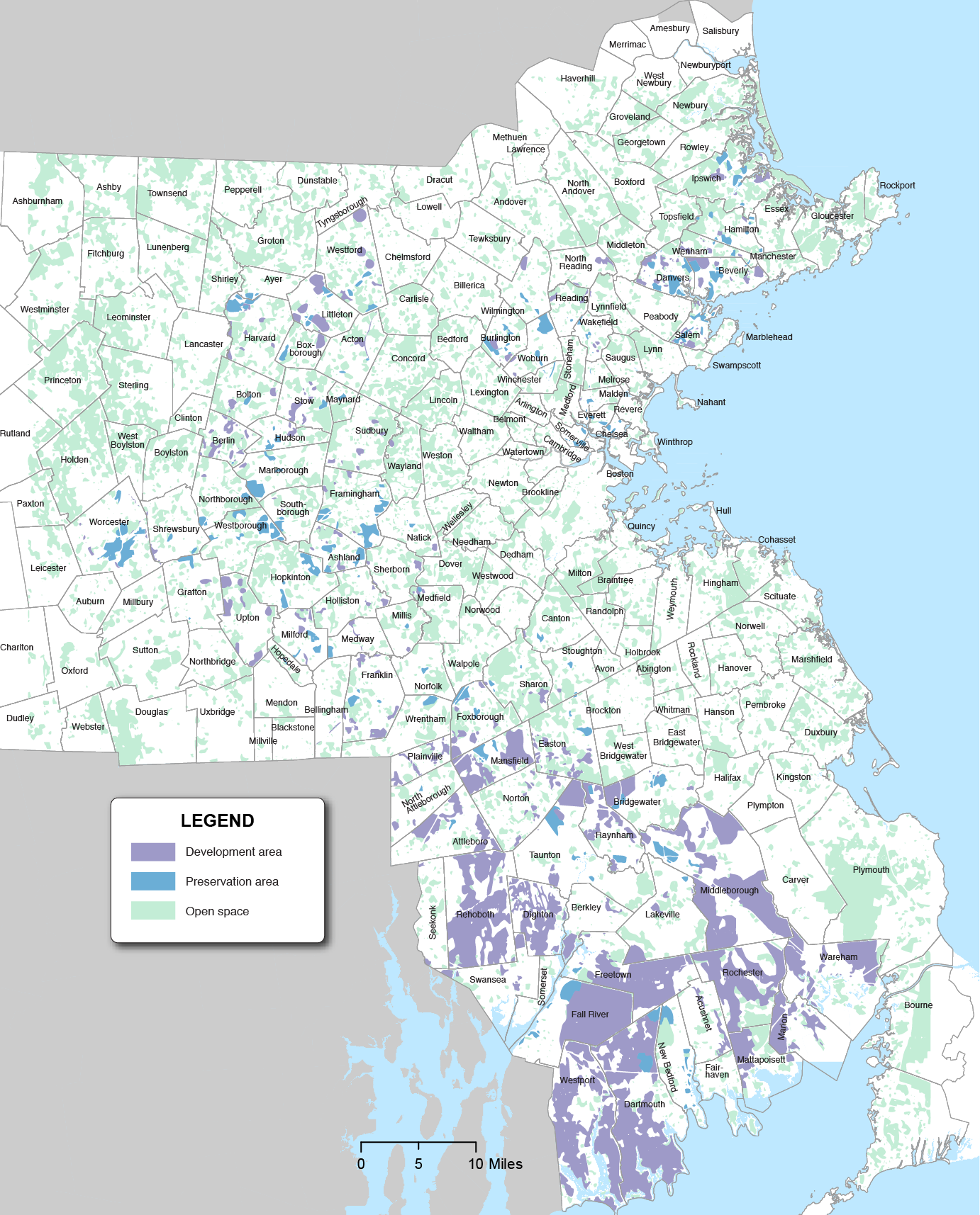 Figure 9-1 is a map of the Boston Region MPO with areas that are regionally significant priority development and preservation areas marked in blue and green respectively.  