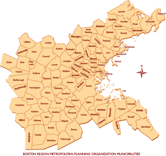 Figure 1-1. Municipalities in the Boston Region
Figure 1-1 is a map that shows the physical reach of the Boston Region MPO area. It indicates that the MPO’s jurisdiction extends from Boston north to Ipswich, south to Marshfield, and west to Interstate 495. The map shows the 97 cities and towns that make up the MPO area. 
