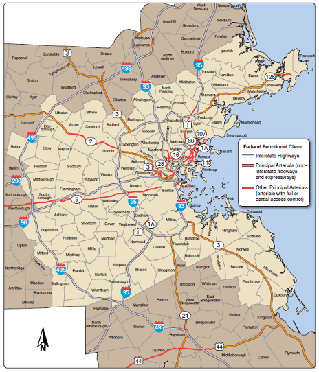 Figure 1. Interstate Highways, Principal Arterial Freeways and Expressways, and Other Fully or Partially Access-Controlled Principal Arterials in the Boston Region MPO
Figure 1 is a map that shows the locations of the Interstate Highways, Principal Arterial Freeways and Expressways, and Other Fully or Partially Access-Controlled Principal Arterials in the Boston Region MPO. 
