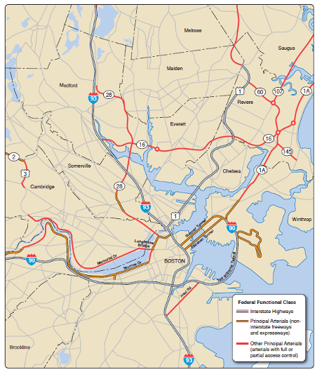 Figure 2. Interstate Highways, Principal Arterial Freeways and Expressways, and Other Fully or Partially Access-Controlled Principal Arterials in the Boston Region MPO’s Inner Core
Figure 2 is a map that shows the locations of the Interstate Highways, Principal Arterial Freeways and Expressways, and Other Fully or Partially Access-Controlled Principal Arterials in the Boston Region MPO’s Inner Core.
