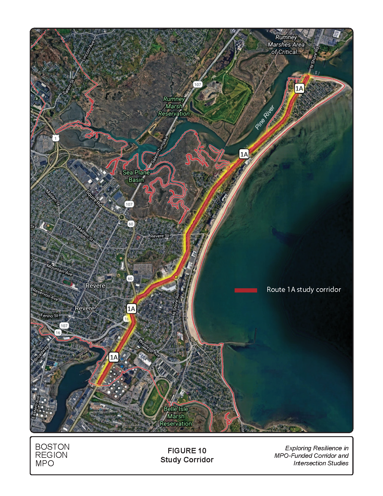 Figure 10 is a map showing the study limits on the four-mile, four-lane highway between the Boston and Lynn city lines.