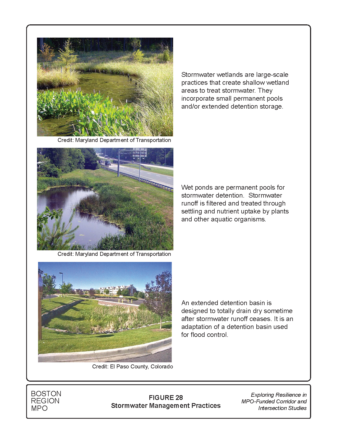 Figure 28 shows pictures of ponds and detention basins that are part of stormwater management practices.