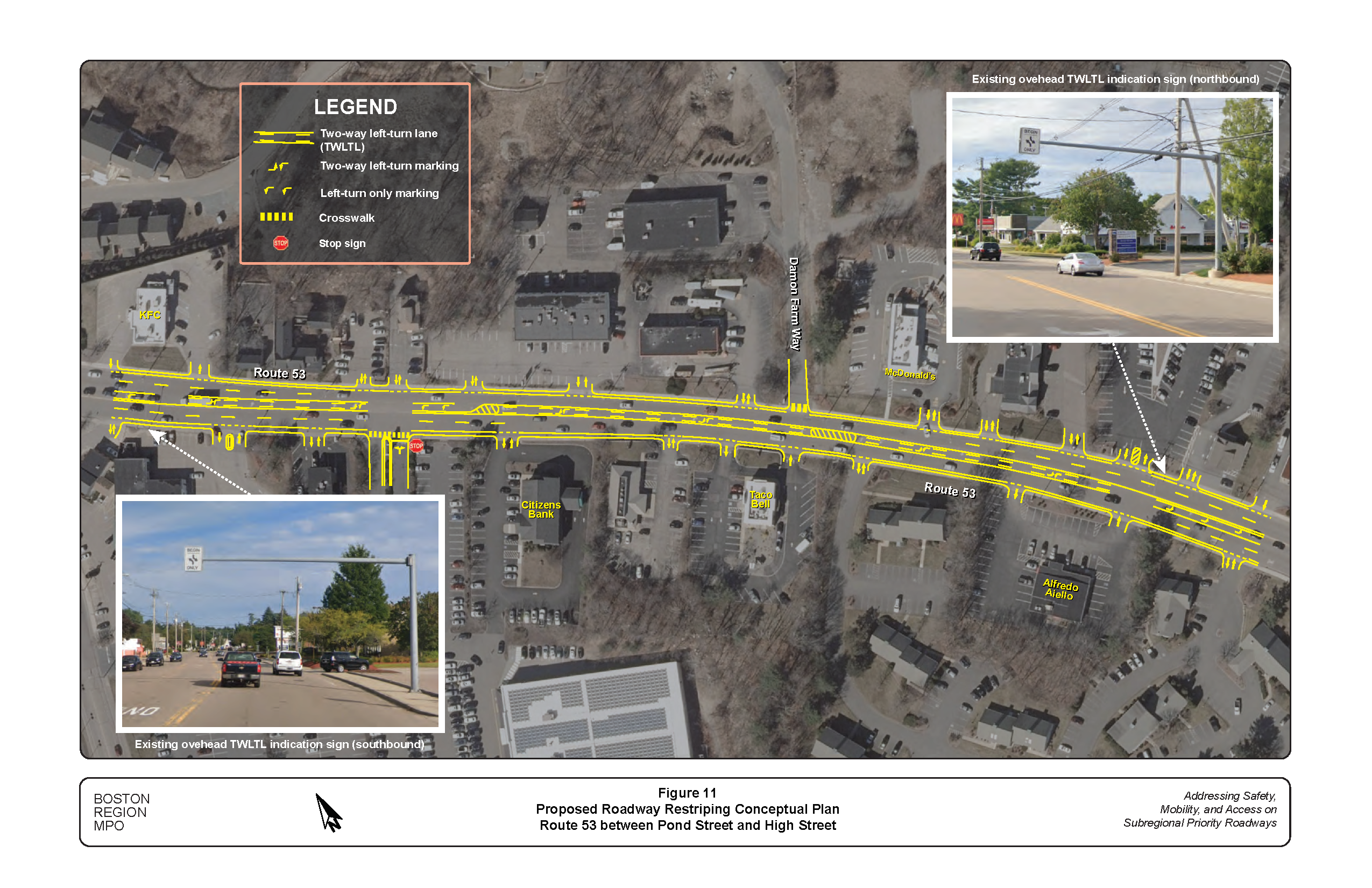 This figure shows a conceptual plan of the proposed roadway restriping in the Route 53 section from Pond Street to High Street.