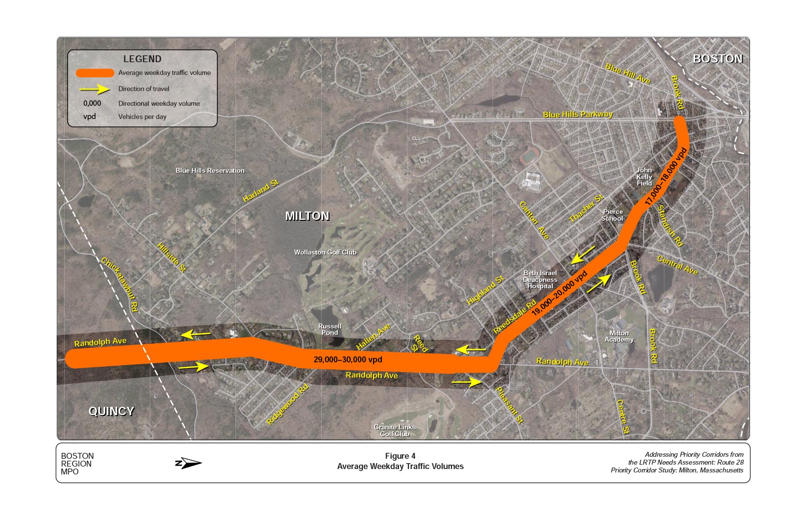 Figure 4
Average Weekday Traffic Volumes
Figure 4 is a map of the study area showing the average weekday traffic volumes on Route 28 in Milton.

