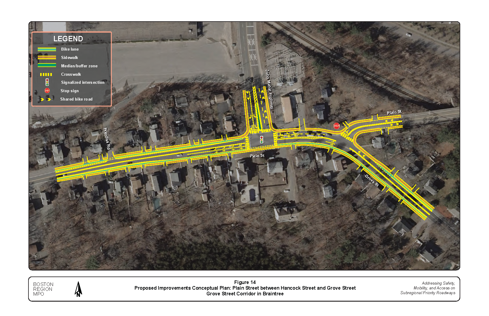 This figure shows a conceptual plan of the proposed improvements in the Plain Street section between Hancock Street and Grove Street.