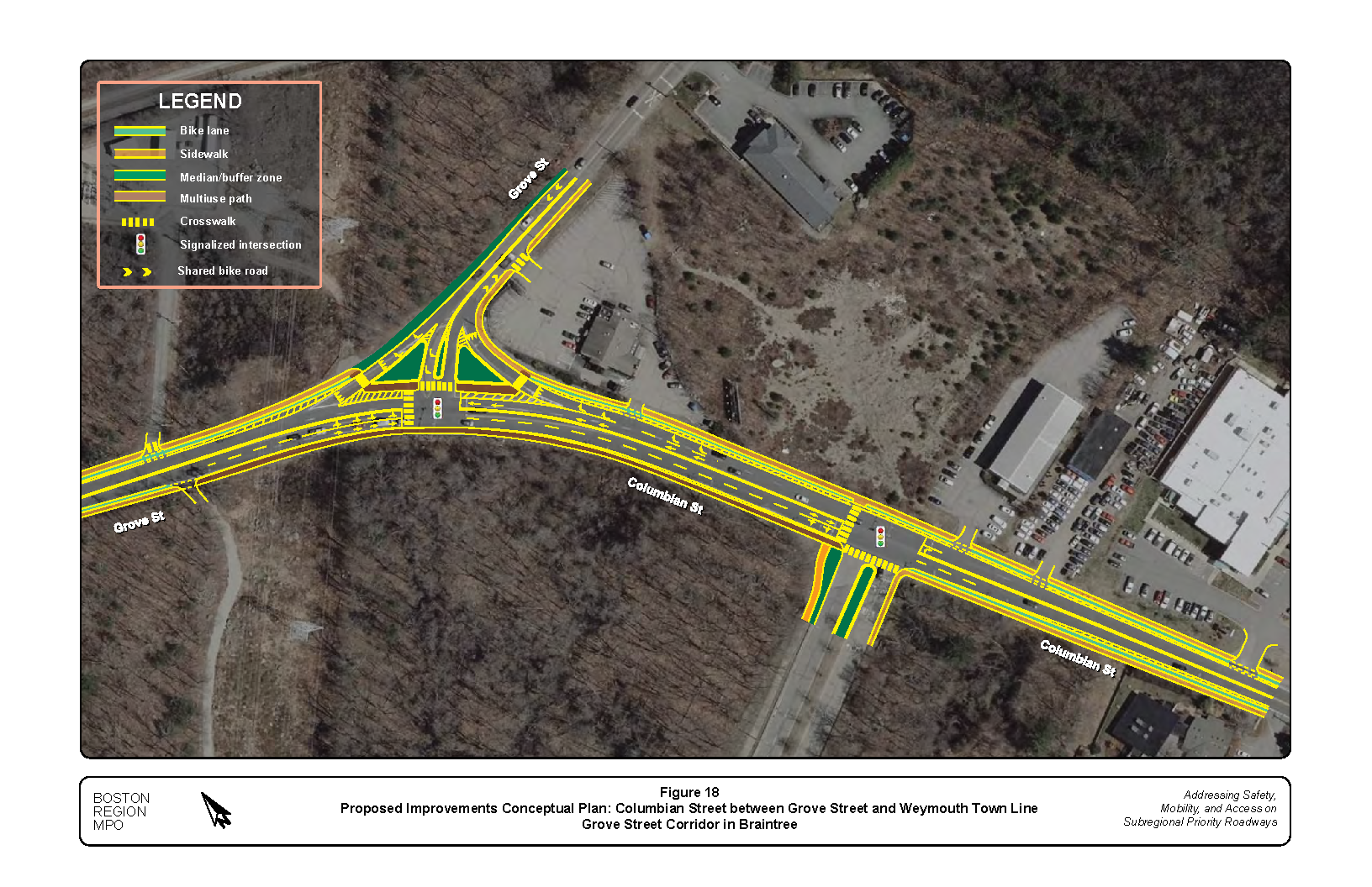 This figure shows a conceptual plan of the proposed improvements in the Columbian Street section between Grove Street and the Weymouth town line.