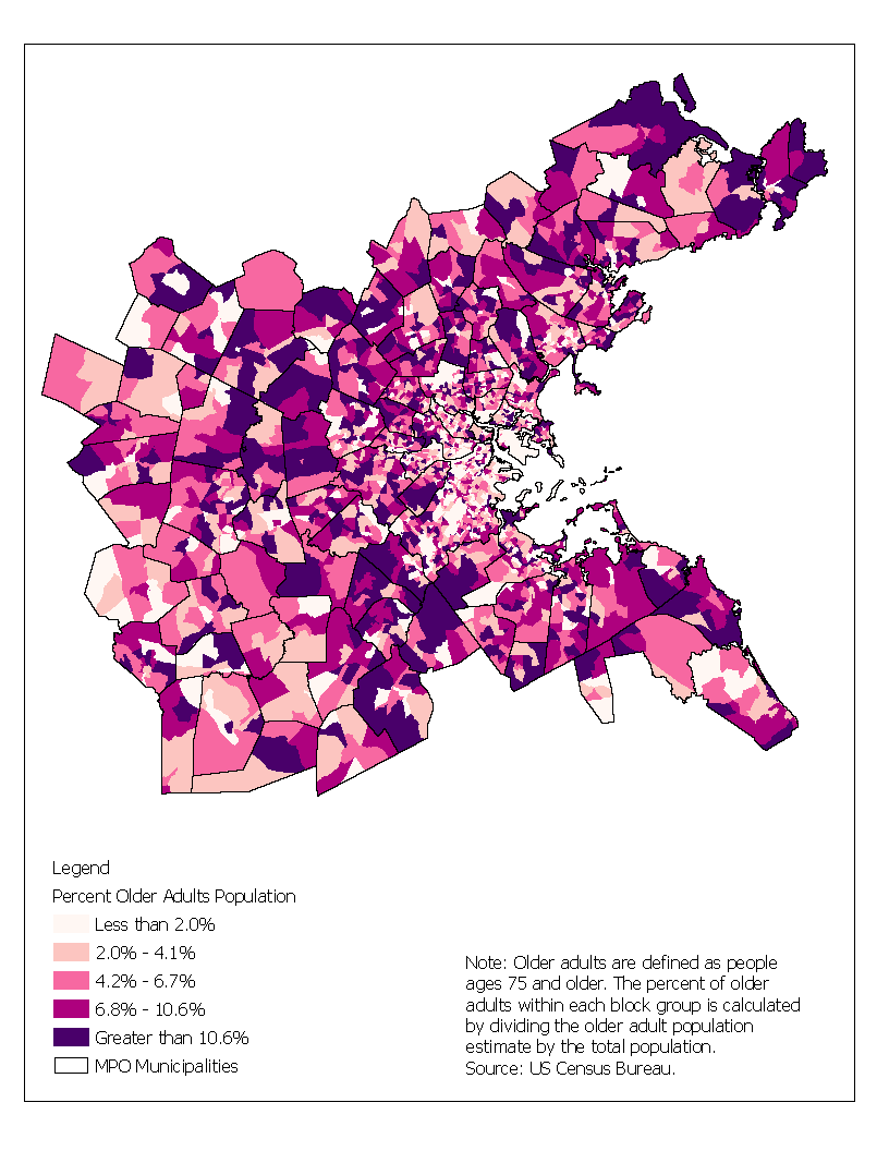 Figure 6-6 is a map showing the percent of the population that is age 75 or older in each block group across the 97 communities in the Boston region.