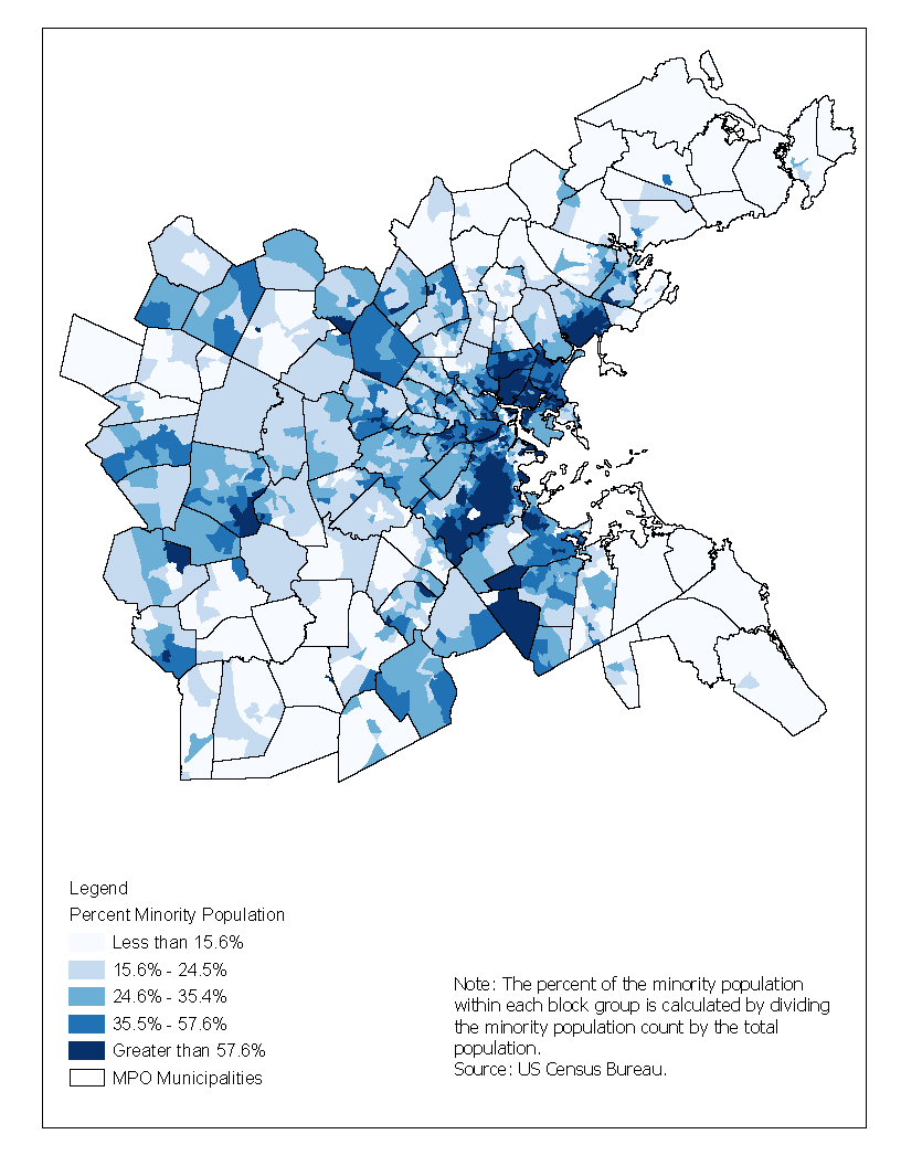 Figure 6-2 is a map showing the percent of the population that identifies as a minority in each block group across the 97 communities in the Boston region.