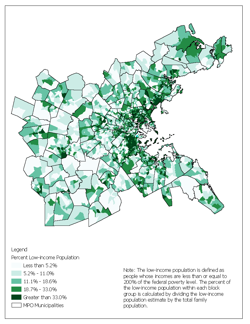 Figure 6-3 is a map showing the percent of the population that has a low income in each block group across the 97 communities in the Boston region.