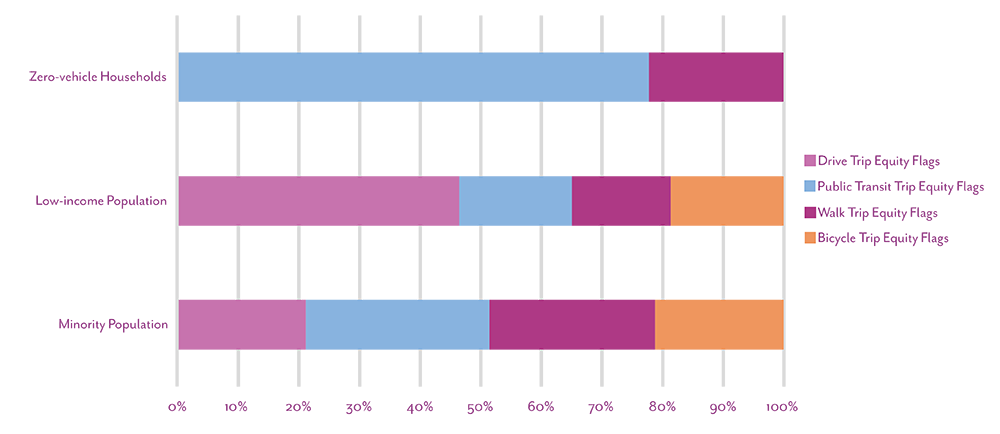 Figure 6 is a chart that shows the number of equity flags by each travel mode that was analyzed, as a percent of the total number of possible equity flags.