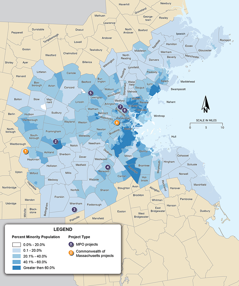 Figure B-3 is a map that shows the location of projects in the 2023 LRTP overlaid on the percent of the population in each census tract that identifies as a minority.