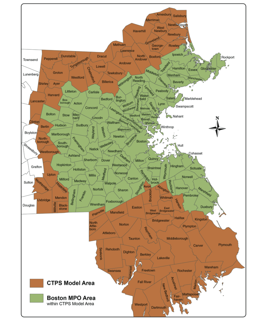 Figure 3.1 is a map of the model areas in the Boston Region MPO.
