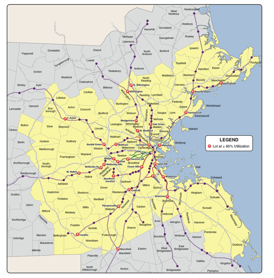 Figure 3.3 is a map of the park and ride locations with a utilization rate of more than 85% in the Boston Region MPO.