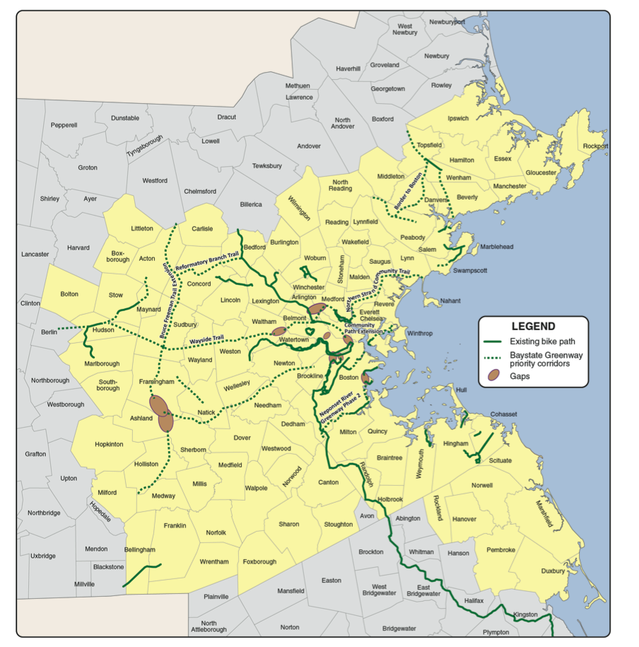 Figure 3.5 is a map of the priority bicycle gaps and Baystate Greenway locations in the Boston Region MPO.